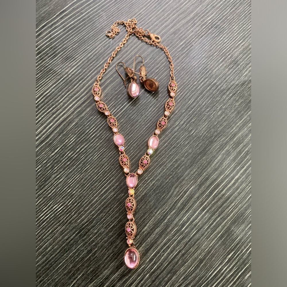 Avon Rose Gold-Tone Necklace and Earrings with Pink Cabochons